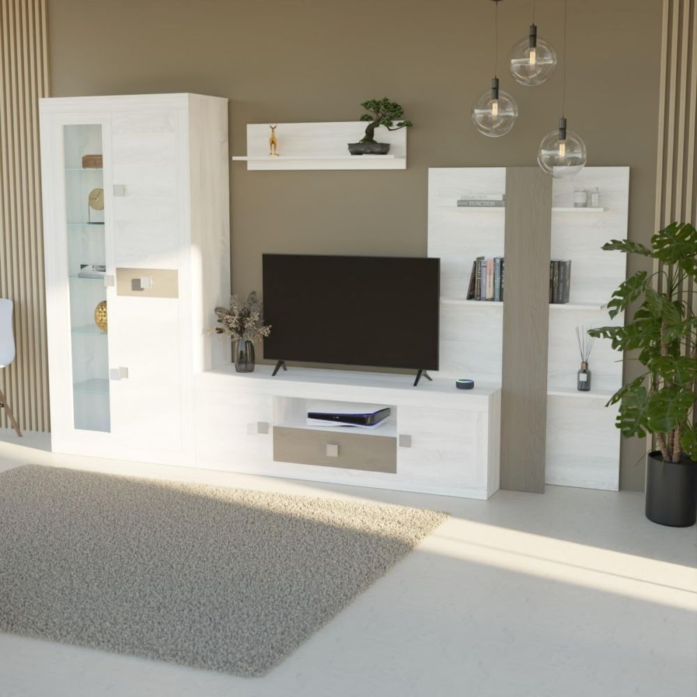 Mueble de Salón Moderno con Leds, Acabado en Andersen Pino -Gris, 40 cm (Fon), 300x200 cm