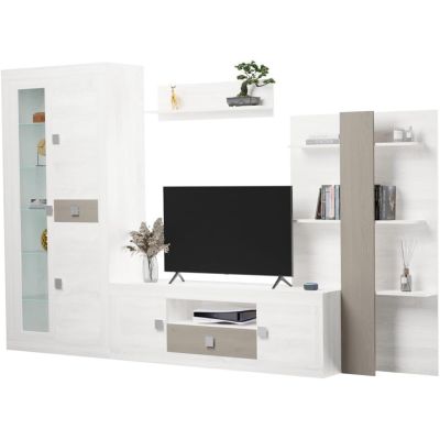 Mueble de Salón Moderno con Leds, Acabado en Andersen Pino -Gris, 40 cm (Fon), 300x200 cm