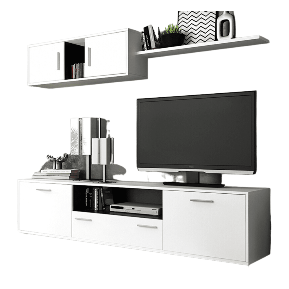 Mueble de salón y TV Composición para salón 200 Cm, blanco gran espacio almacenamiento