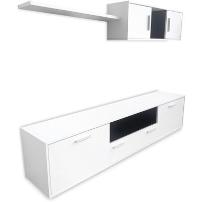 Mueble de salón y TV Composición para salón 200 Cm, blanco gran espacio almacenamiento