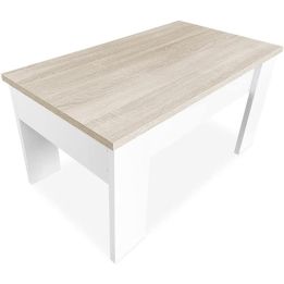 Mesa de Centro Elevable, Acabado en Color Blanco con Tapa Cambria, Medidas: 90 cm (Ancho) x 50 cm (Fondo) x 46-57 cm (Alto)