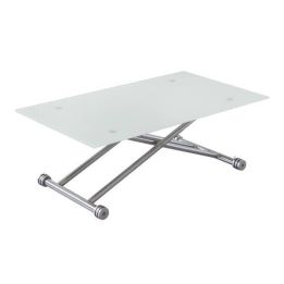 Mesa de Centro Elevable, Cristal de 8 mm y Estructura con Ruedas - Tapa Color Blanco, Mueble Moderno - Medidas 120x70x40-75 cm