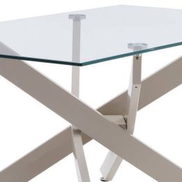 Mesa de Centro con Tapa de Cristal Templado de 8 mm y Patas Metálicas Cruzadas en Acabado Crema -  Medidas 110x55x45 cm