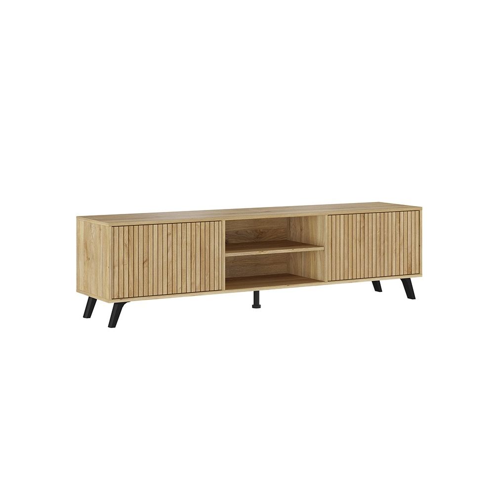 Mueble de TV de Diseño Nórdico + Modulo Alto, 2 Compartimentos y 2 Puertas,Mauvella Rayas, 49cm(Al) x 180cm (Anc) x 40cm (Fon)